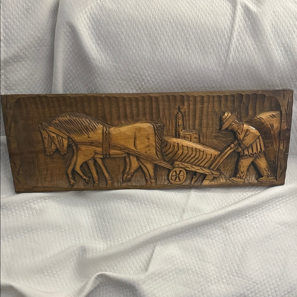 Large Vintage Hand-Carved Wooden Relief Plaque with Horse-Drawn Plow Scene